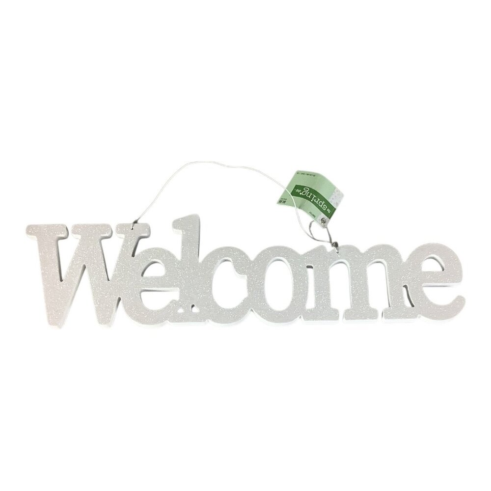 The Spring Shop White Glitter Welcome Sign Home‎ Wall Decor Hanging Door Plaque